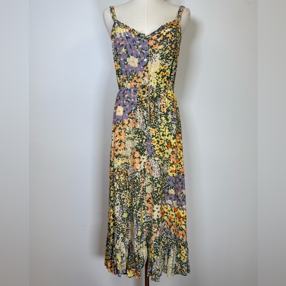 Rails ‘Adalyn’ Natural Shell Button Front Floral Midi Dress Women’s Size Small